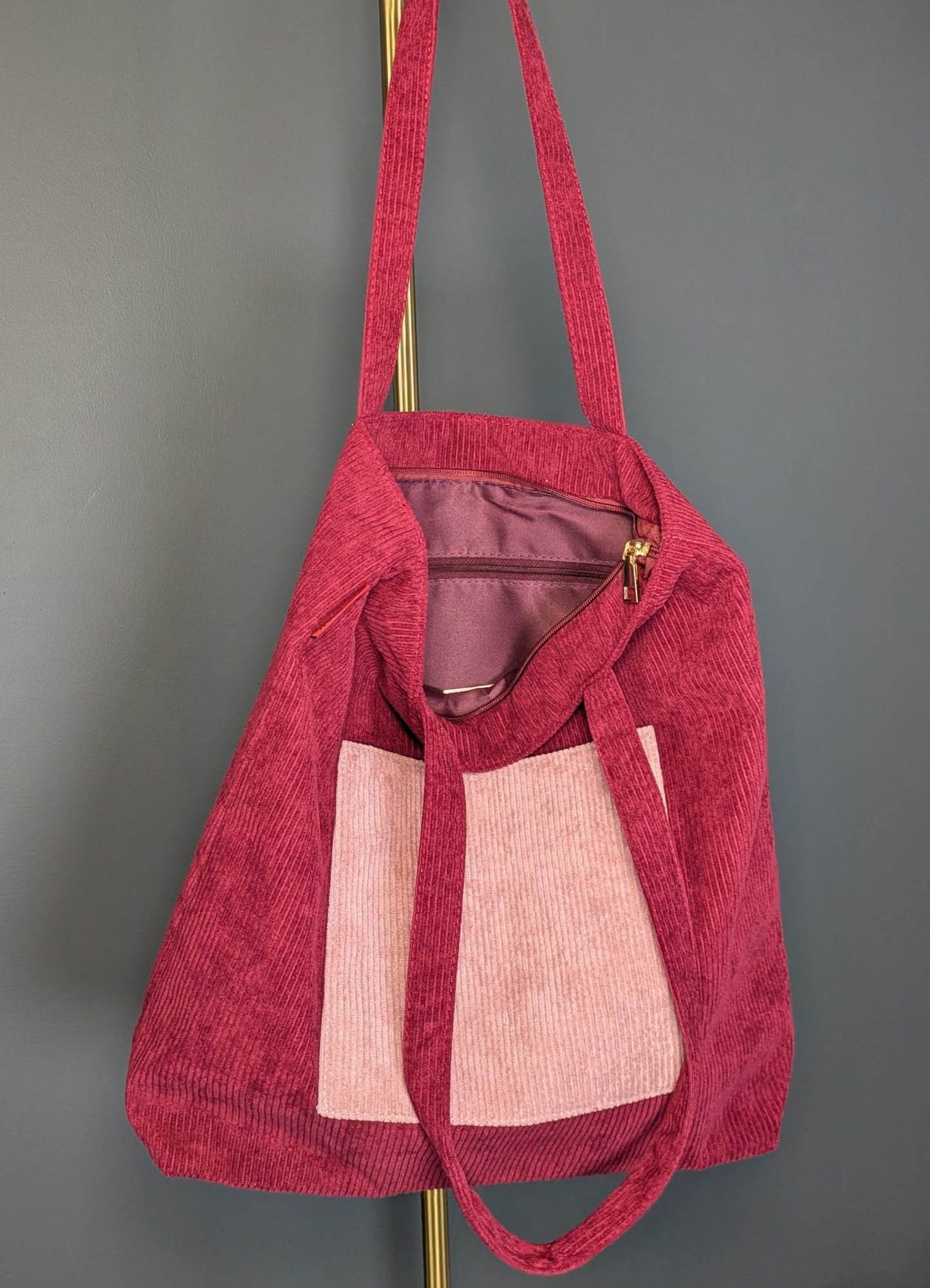 Vinia – Burgundy and Pink Corduroy Tote