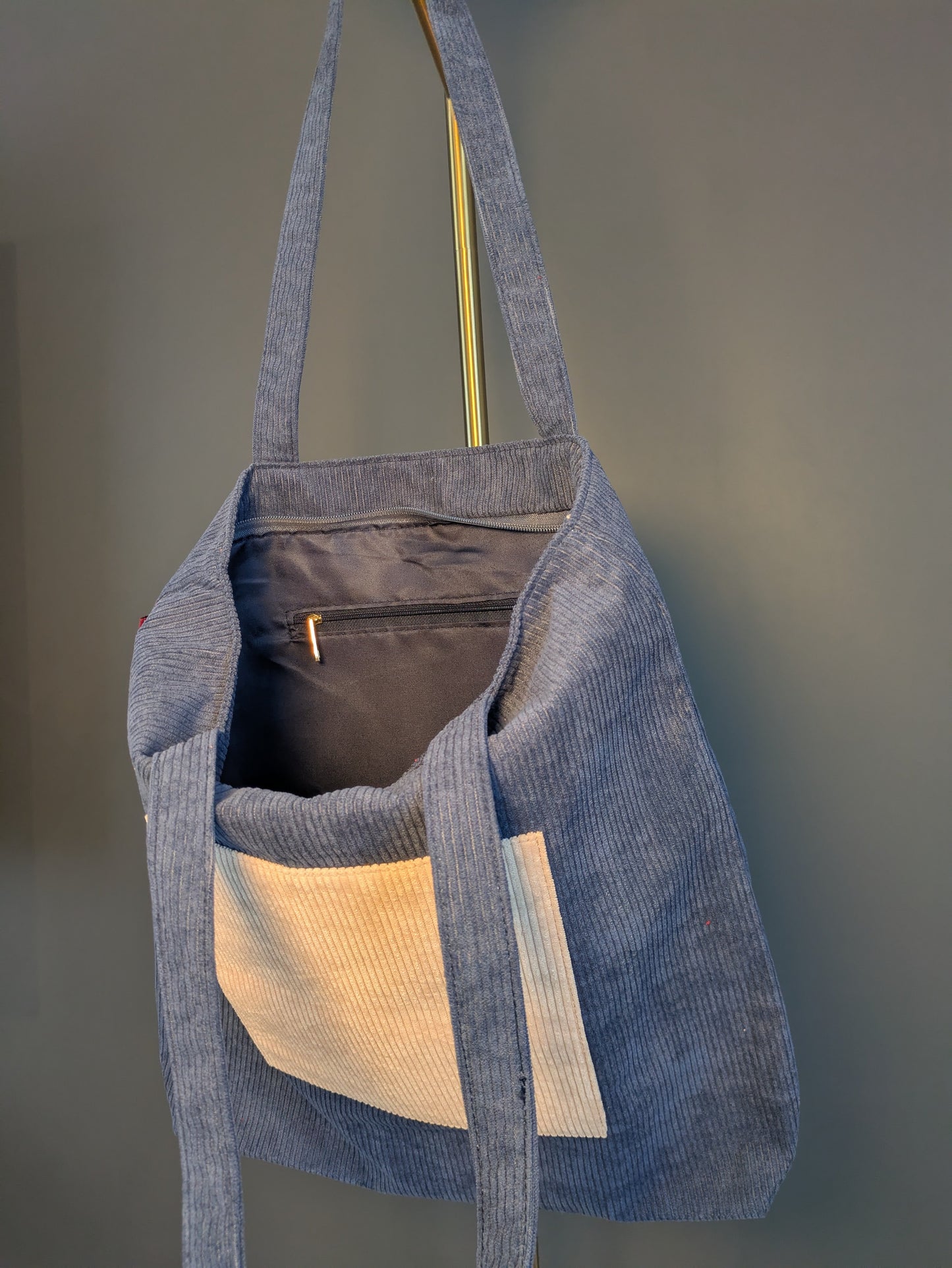 Caerulea - Navy Corduroy Tote Bag with Beige Accent