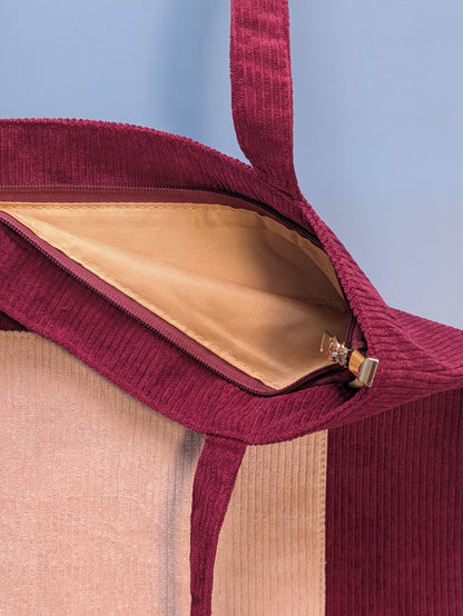 Vinoria – Burgundy and Beige Corduroy Tote