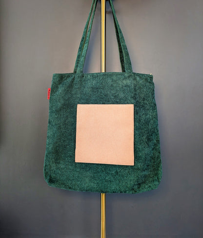 Viridessa – Green Corduroy Tote with Beige Accent