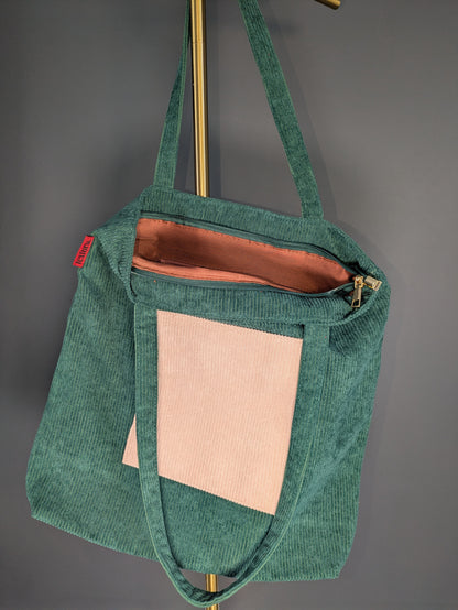 Viridessa – Green Corduroy Tote with Beige Accent