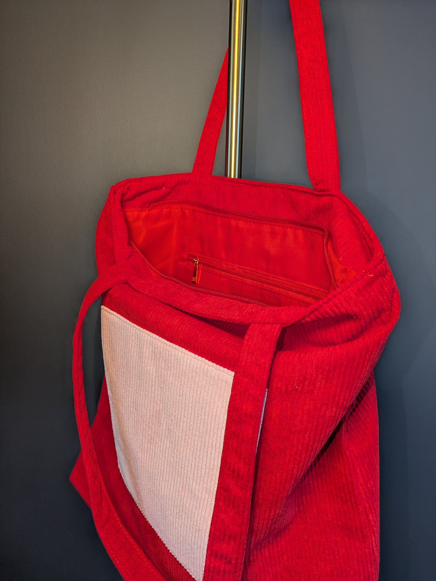 Rosamira – Red Corduroy Tote with Pink Accent