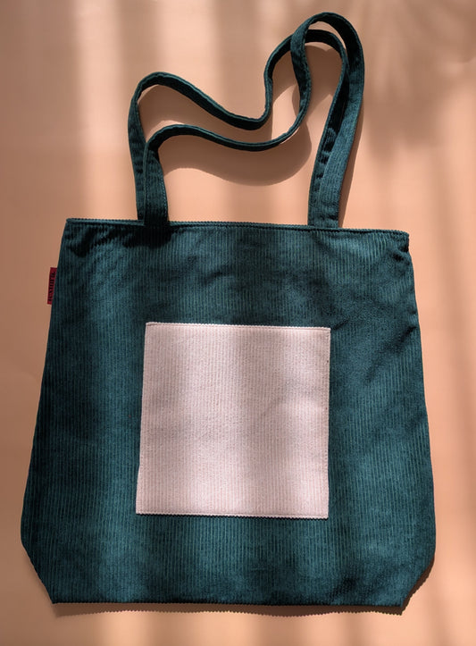 Viridessa – Green Corduroy Tote with Beige Accent