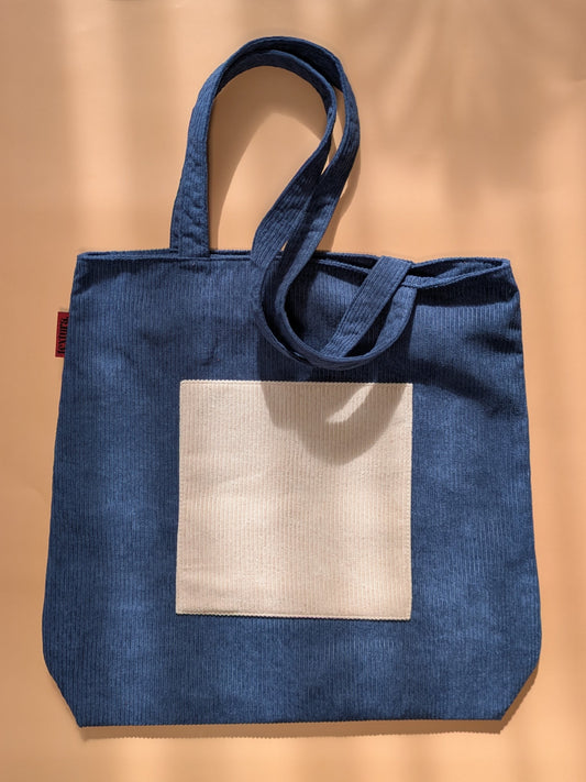 Caerulea - Navy Corduroy Tote Bag with Beige Accent