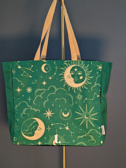 Green Celestial Sun & Moon Tote – Cosmic & 90s Aesthetic