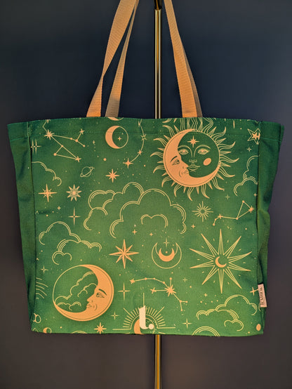 Green Celestial Sun & Moon Tote – Cosmic & 90s Aesthetic