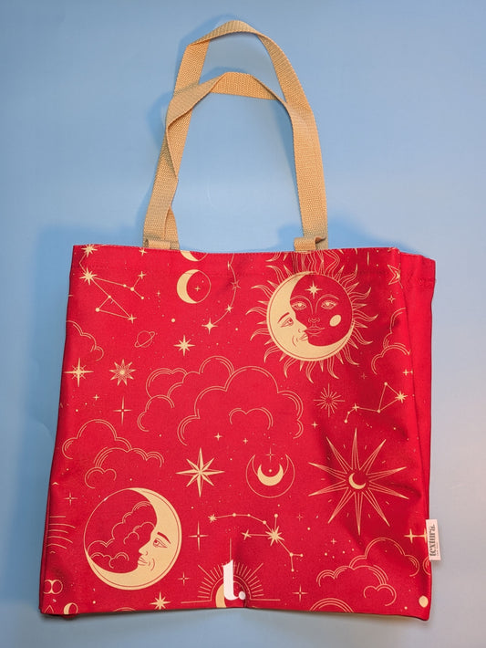 Red Celestial Sun & Moon Tote – Cosmic & Mystical
