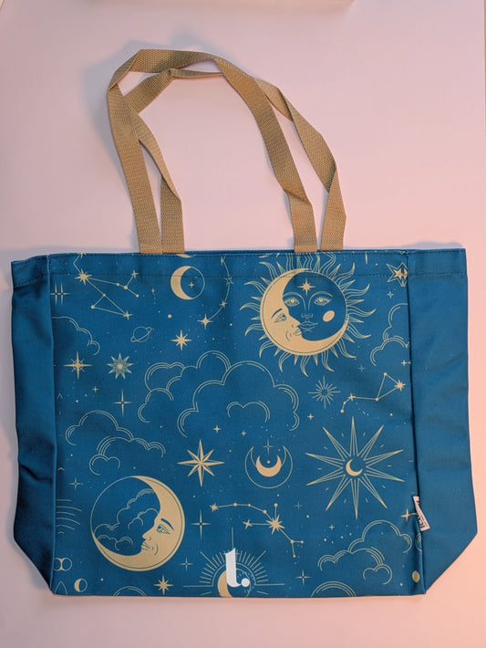 Teal Celestial Sun & Moon Tote – Cosmic & 90s Aesthetic