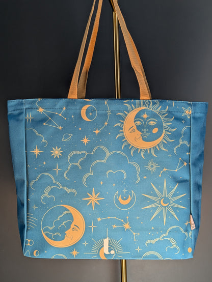 Teal Celestial Sun & Moon Tote – Cosmic & 90s Aesthetic